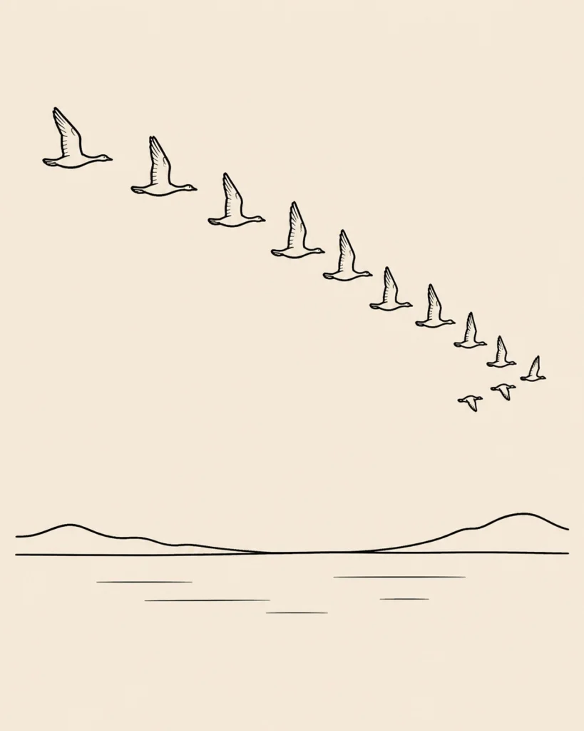Line art of birds flying in formation, representing collective momentum and Kingdom unity.