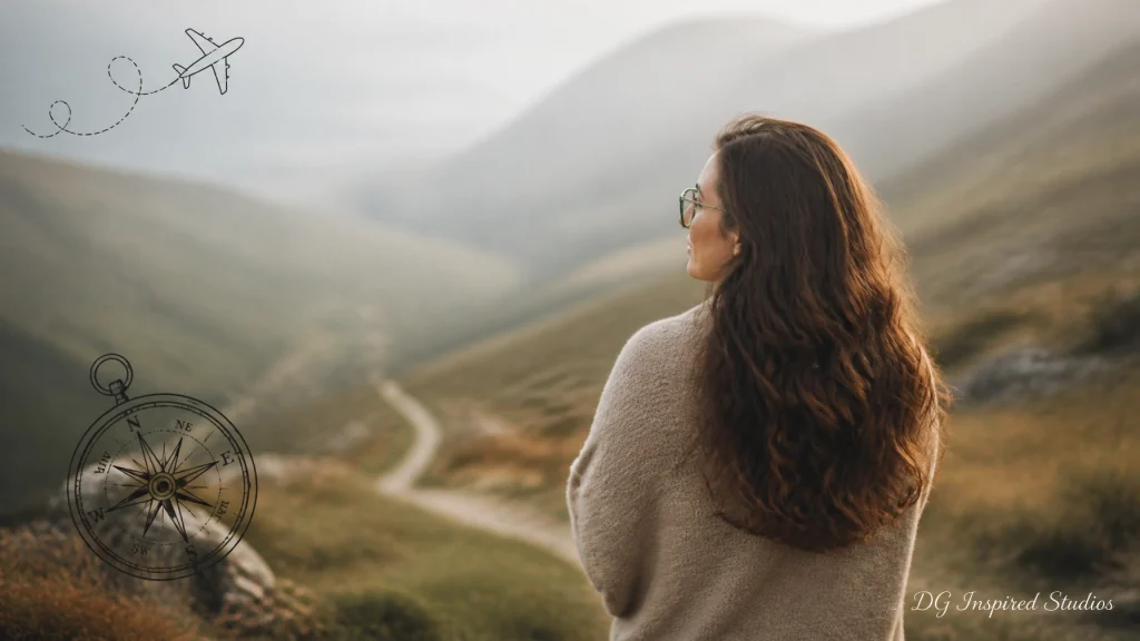 A woman looking out over a misty, winding path, representing the journey of life with God.