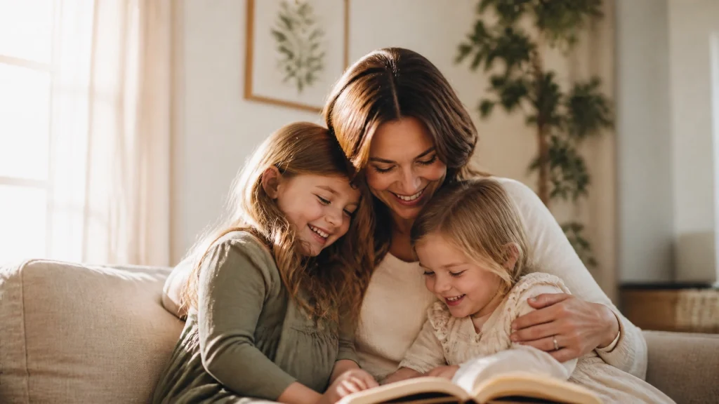 A warm, sunlit lifestyle image of a mom hugging her children in the middle of daily life, capturing the loving atmosphere and legacy-centered message behind the Heritage Words collection.