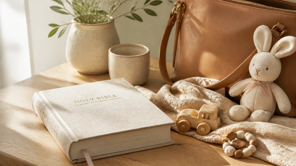 A warm editorial-style image of a Bible placed beside toys or a mom's purse on a table, symbolizing faith woven into the ordinary rhythms of home and motherhood.