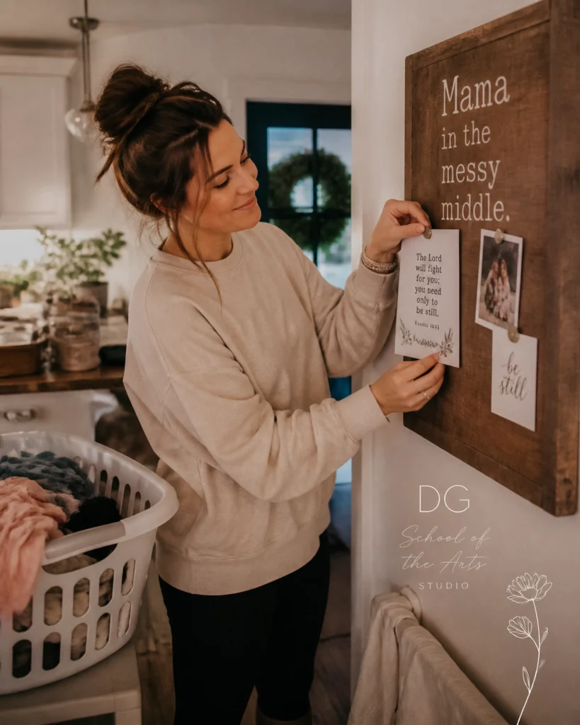 mom posting scripture to her messy middle of family board.