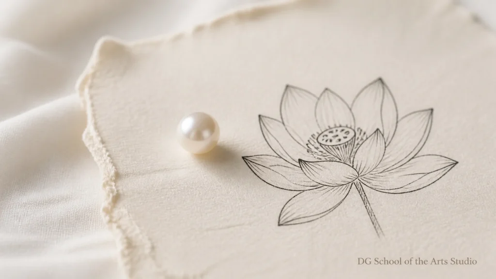 A soft, high-key photograph of a single luminous pearl resting on a piece of vintage linen paper, symbolizing the spiritual layering of the soul with a DG School of the Arts watermark.