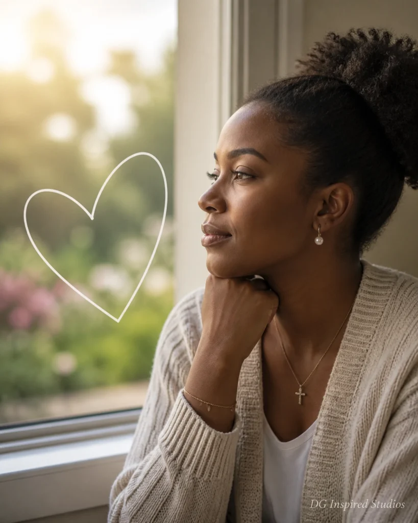 A serene woman looking out a window at a soft garden, representing the intentional guarding of visual intake with a DG Inspired Studios watermark.