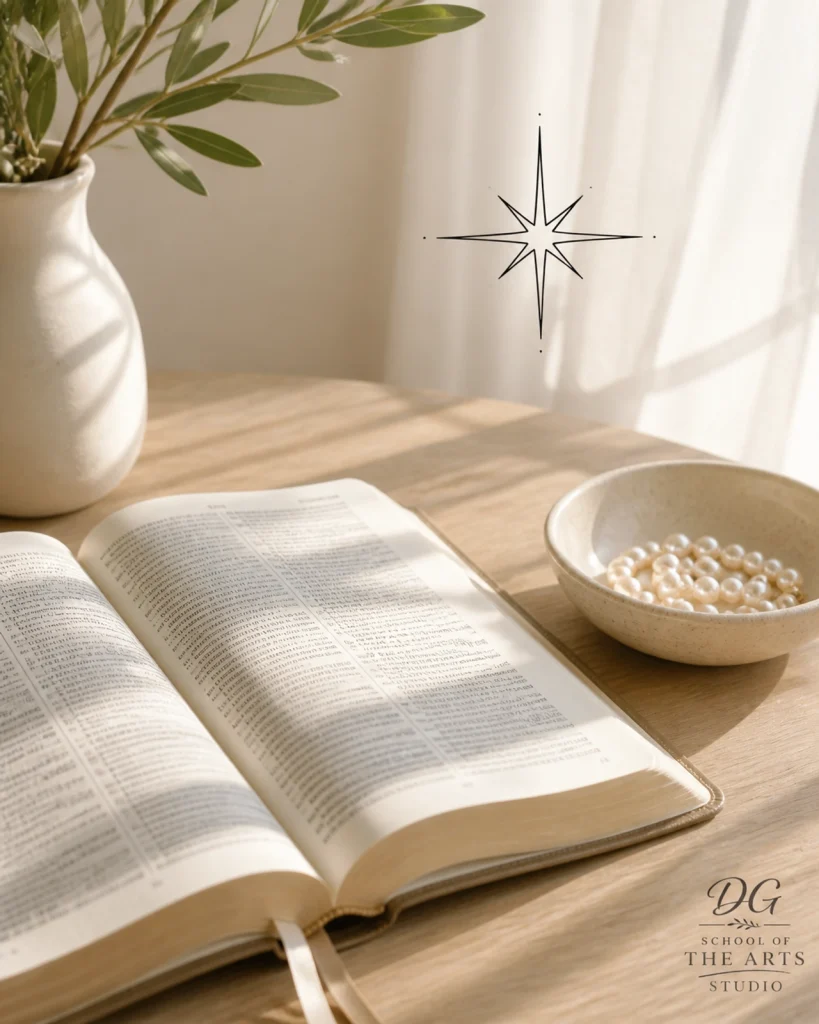 An open Bible and pearls on a table, signifying the importance of scriptural and holy imagery in spiritual formation with a DG School of the Arts watermark.