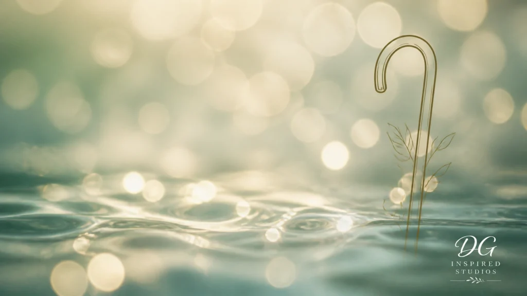 Abstract light on water with a shepherd's crook line art, representing the visionary and prophetic voice of the creator with a DG Inspired Studios watermark.
