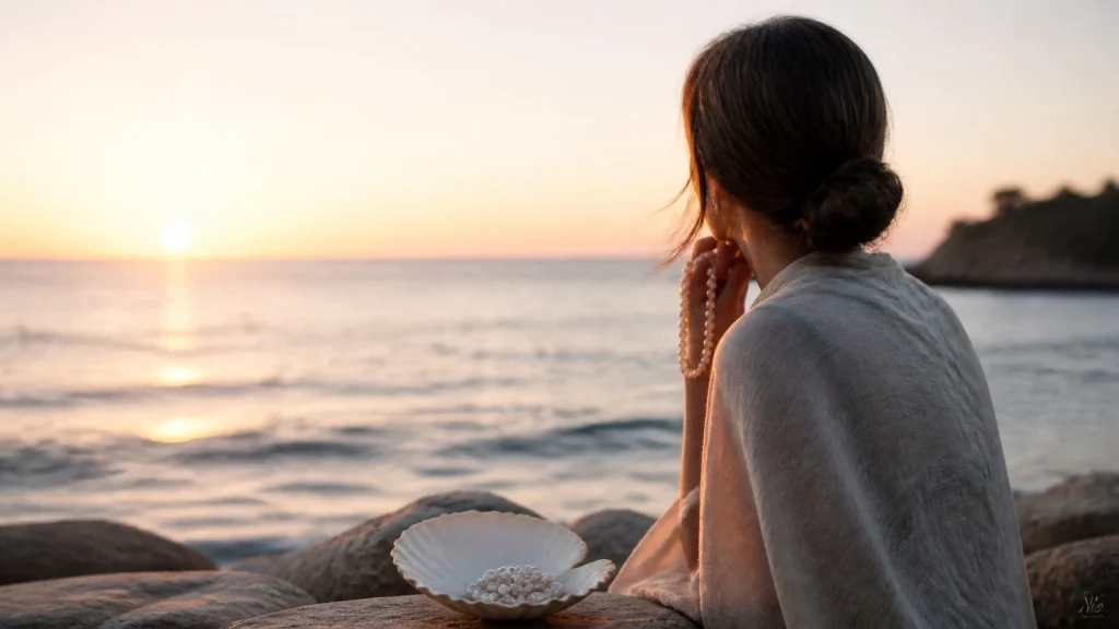 Una mujer en reflexión mirando el horizonte del mar al amanecer, con luz natural suave, perlas sutiles en la escena y una paleta neutra de verdes, ocres y blancos. Fotografía limpia, orgánica y visualmente impactante con un pequeño logotipo de DG Inspired Studios en la esquina.