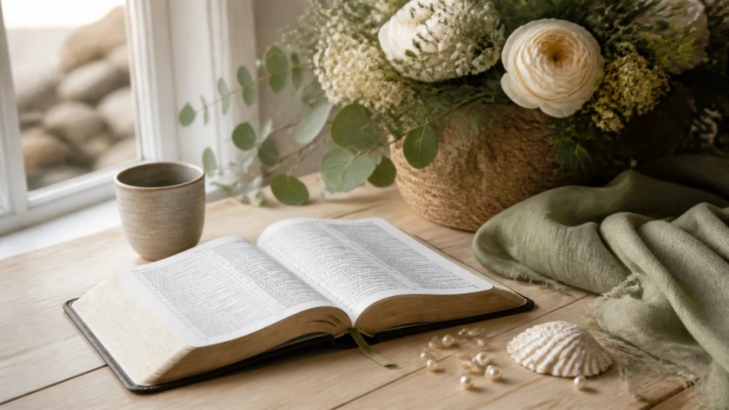 Un espacio devocional con mesa de madera clara, Biblia abierta, flores suaves y perlas sutiles, iluminado con luz natural y una paleta neutra de verdes, ocres y blancos. Fotografía serena, limpia y visible.