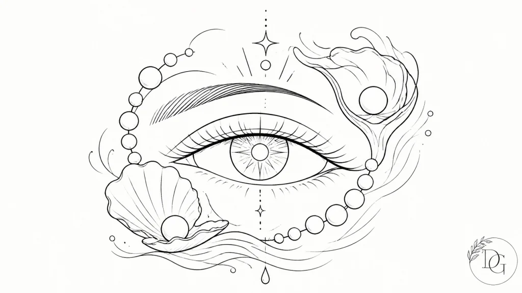 Ilustración minimalista de arte lineal de un ojo con perlas delicadas, representando la visión espiritual y lo que da forma a la perla. Fondo blanco limpio, trazos negros seguros y composición visible.