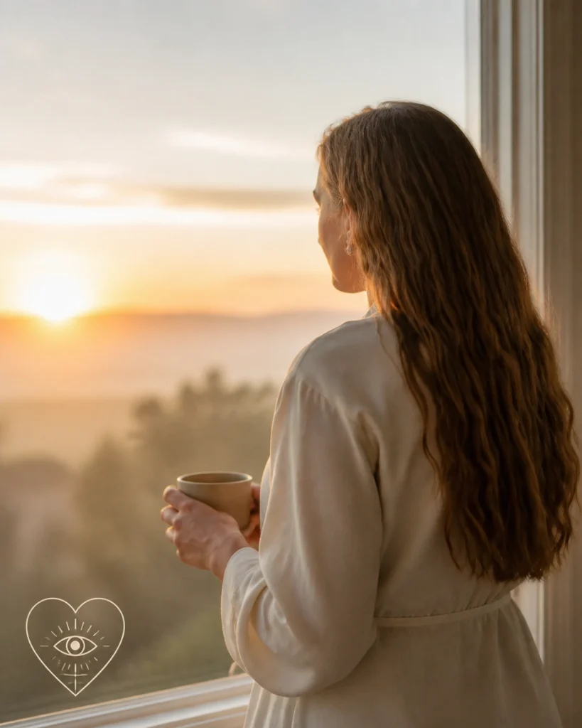 A woman looking out a window at sunrise, symbolizing spiritual clarity and vision.