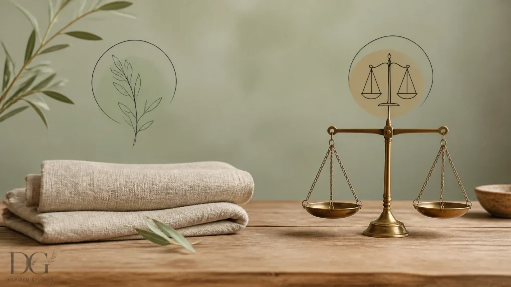 A symbolic still life of balanced objects in soft natural light, representing nurture and authority through muted greens, ochres, and quiet negative space.