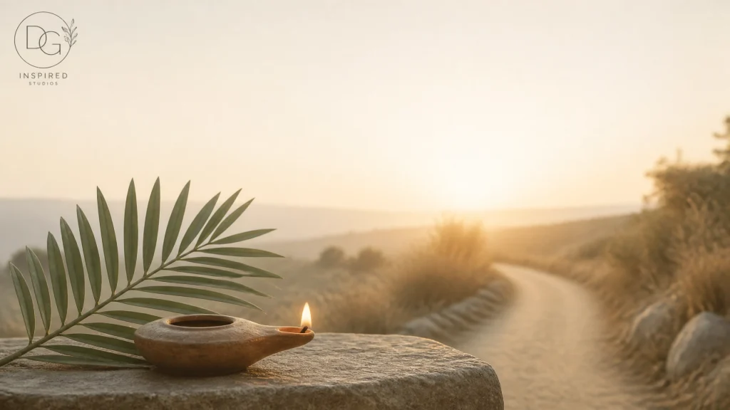 A symbolic palm branch, oil lamp, and path into dawn light, reflecting visionary leadership, faith, and courage in a calm neutral palette.