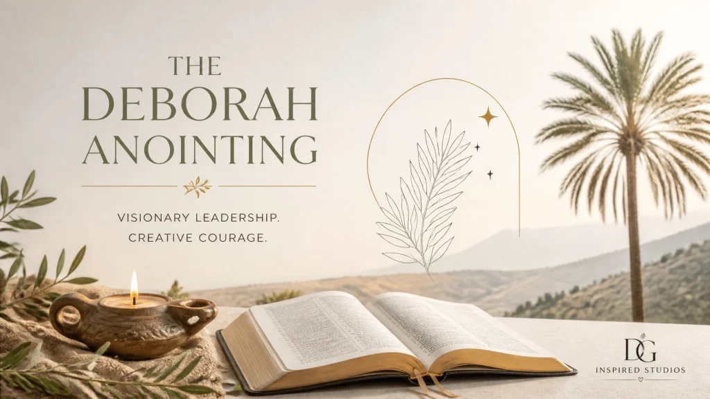 Symbolic palm tree, open Bible, and oil lamp in soft natural light, expressing visionary leadership and creative courage with calming neutral tones and generous negative space.