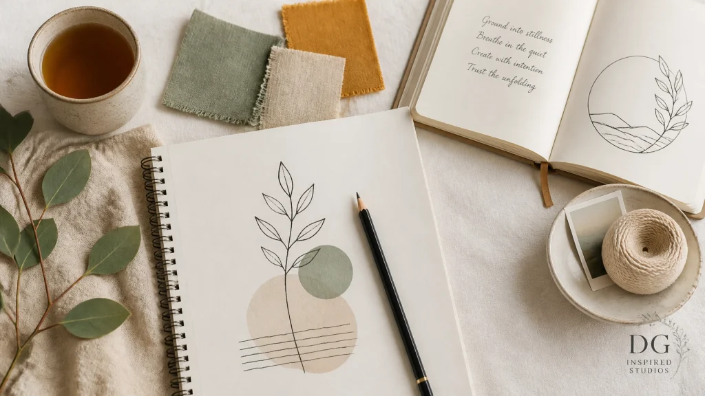 A peaceful creative workspace with sketchbook, journal, and natural textures in soft light, symbolizing creative courage and sacred artistic practice.