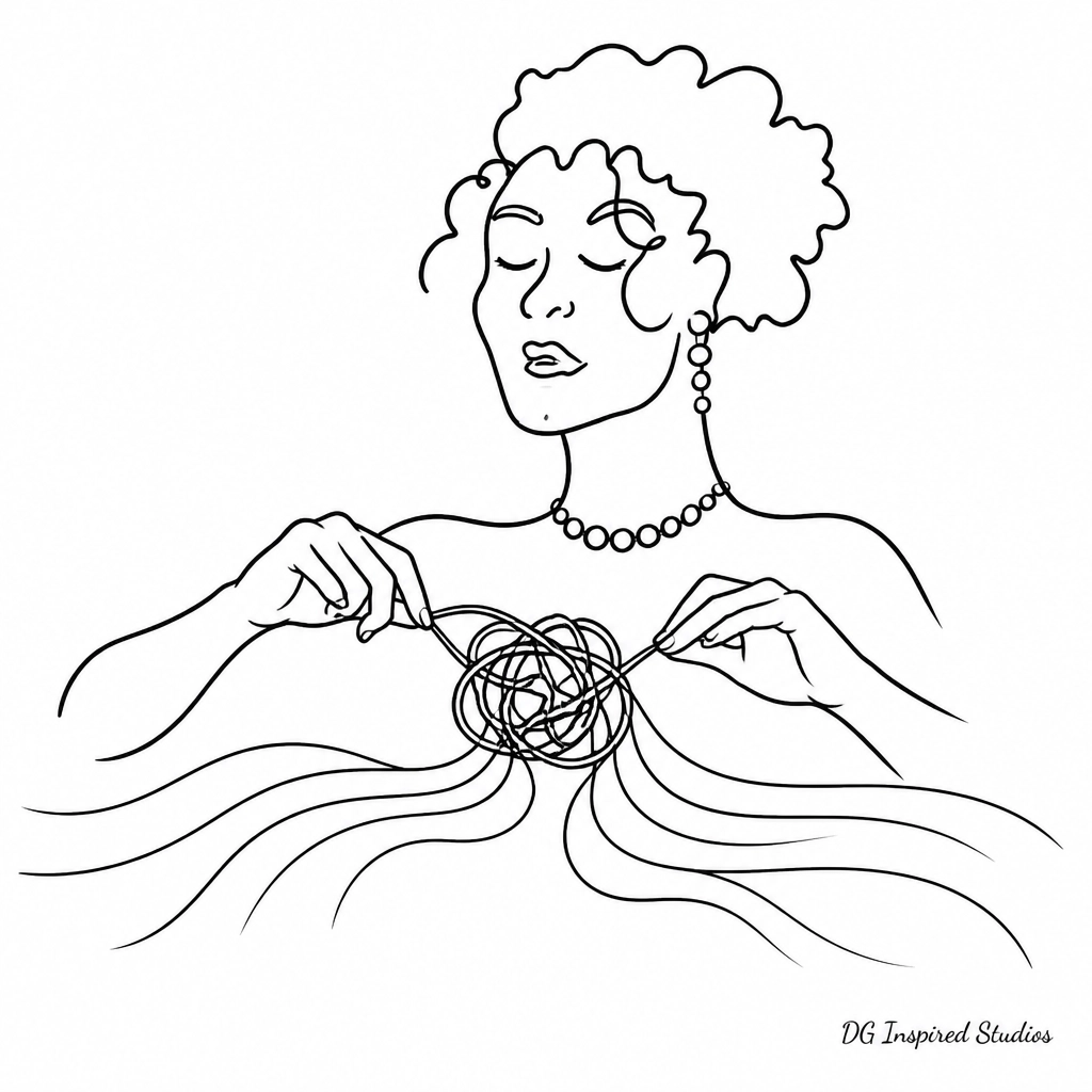 Minimalist line art of hands untangling a knot into flowing waves