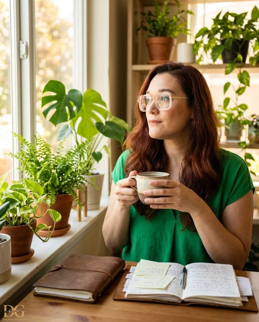 A woman sitting in a sunlit room journaling and reflecting