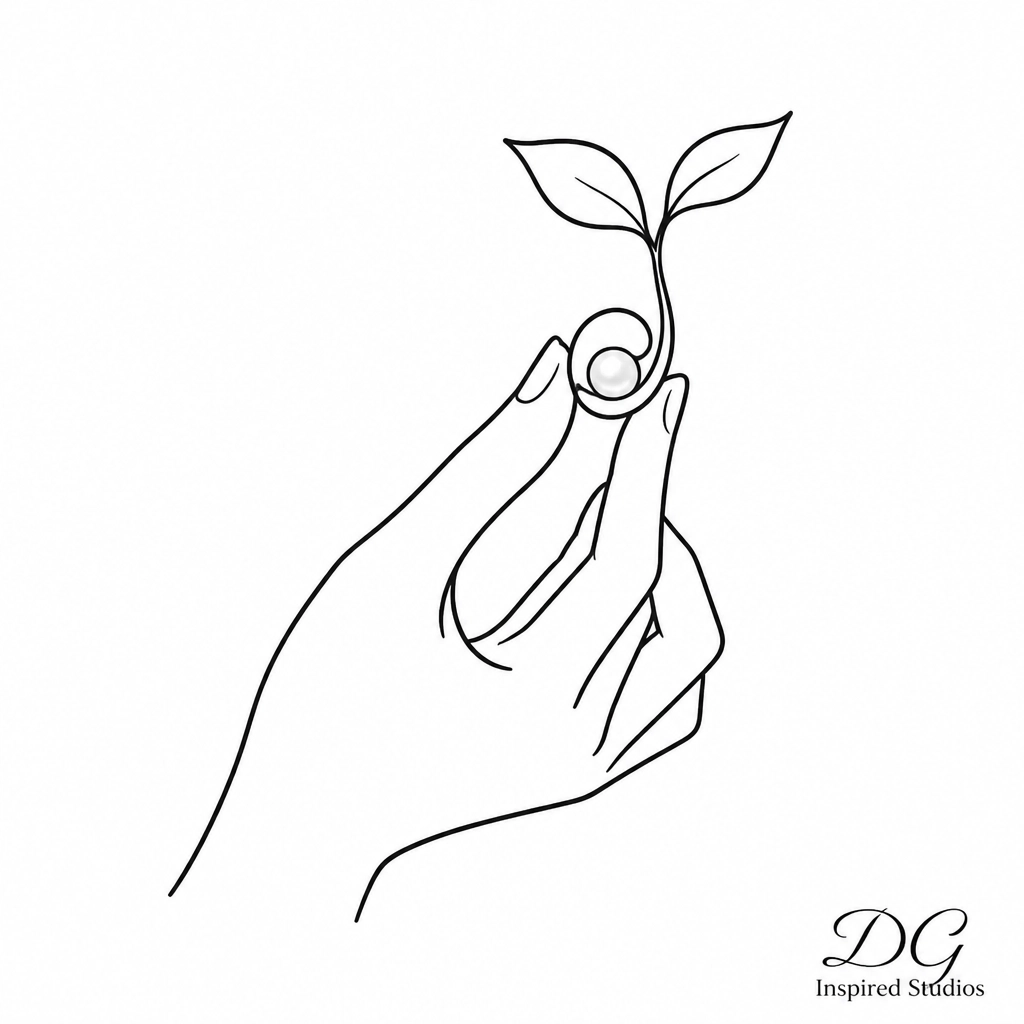 Minimalist line art of a hand holding a seed transitioning into a pearl, representing spiritual growth and refinement.