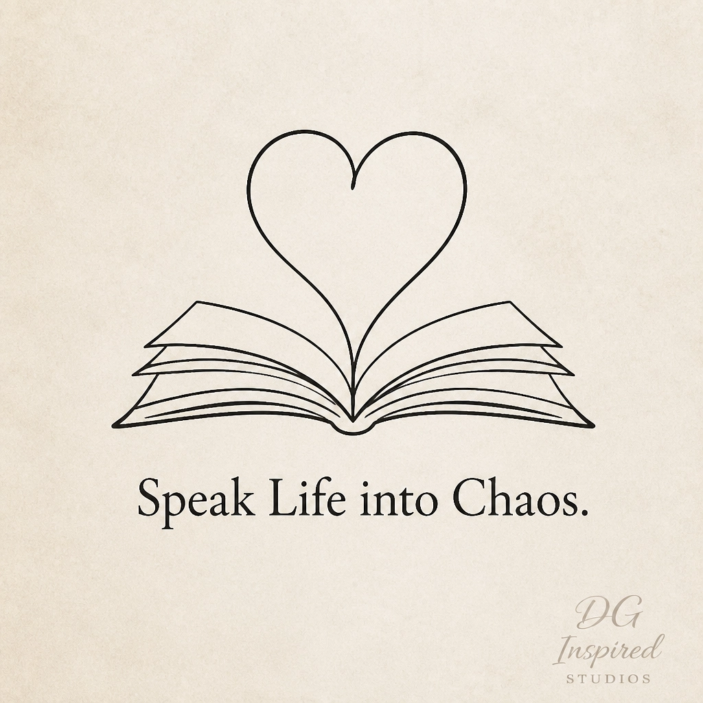 Heritage Words graphic: 'Speak Life into Chaos' with a minimalist book and heart line art.