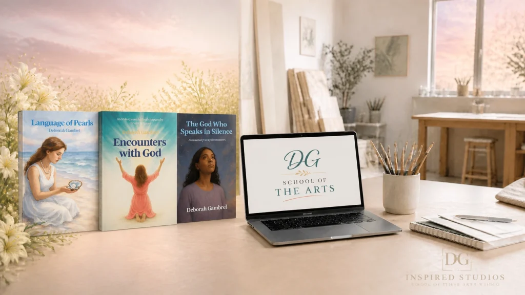 A high-end, airy creative studio hero image for the DG School of the Arts featuring Deborah Gambrel's actual book covers for "Language of Pearls," "Encounters with God," and "The God Who Speaks in Silence," styled to match the devotional books reference with lilies and pastel skies in the background and a subtle DG Inspired Studios watermark.