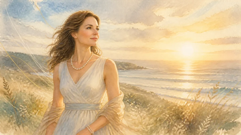 Watercolor painting of a serene woman looking at a coastal sunset, symbolizing spiritual growth and a Christian woman creative uncovering her God-given Kingdom purpose.