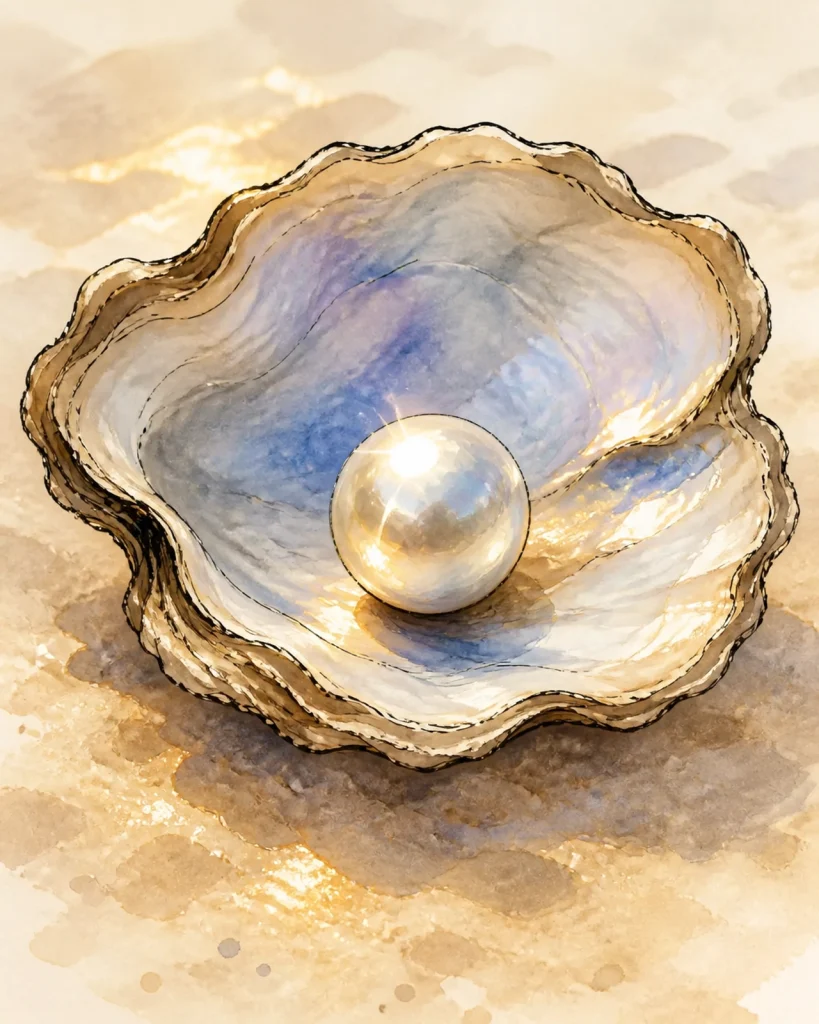 Watercolor illustration of a glowing pearl in an oyster shell, representing the hidden treasure of a God-given Kingdom purpose and the spiritual growth of a Christian woman creative.
