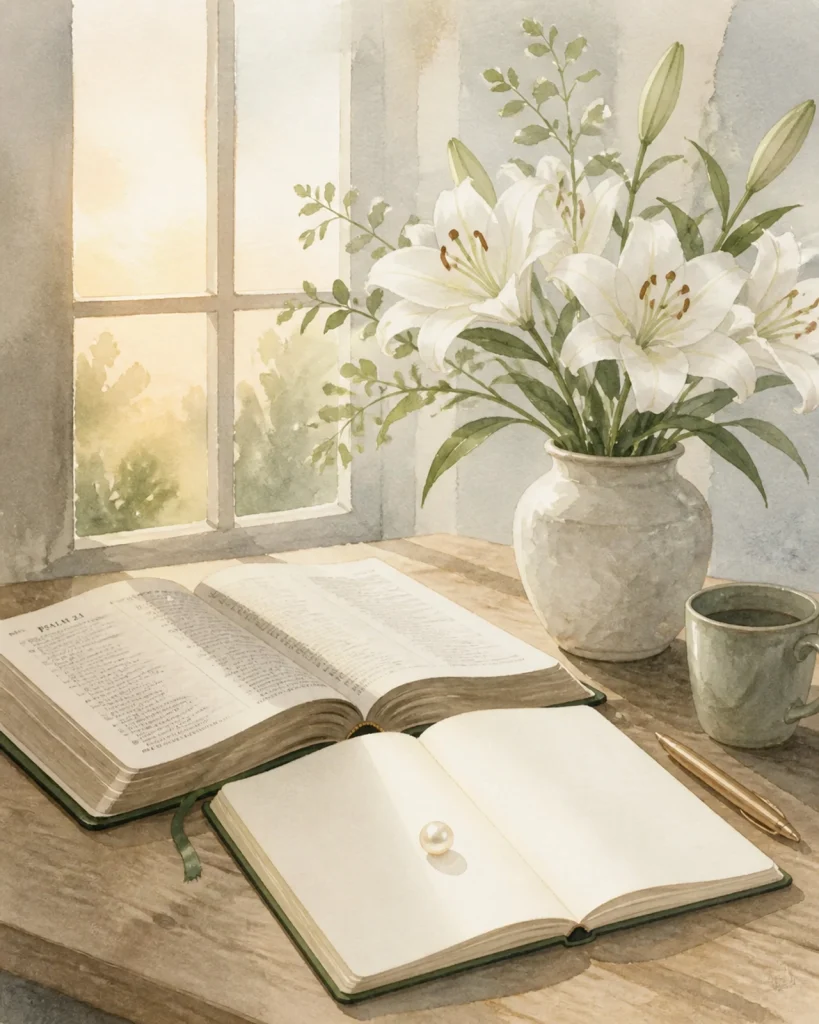 Watercolor of an open Bible and journal with a single pearl, representing a daily walk devotional and spiritual growth for women seeking their God-given Kingdom purpose.