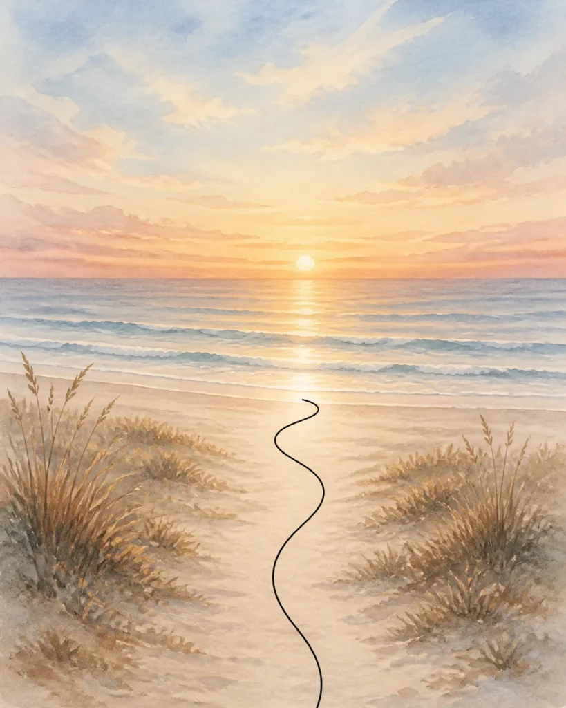 Watercolor of a winding path on a beach leading toward the sunrise, representing the journey of a Christian woman creative finding her calling in God and uncovering her Kingdom purpose.