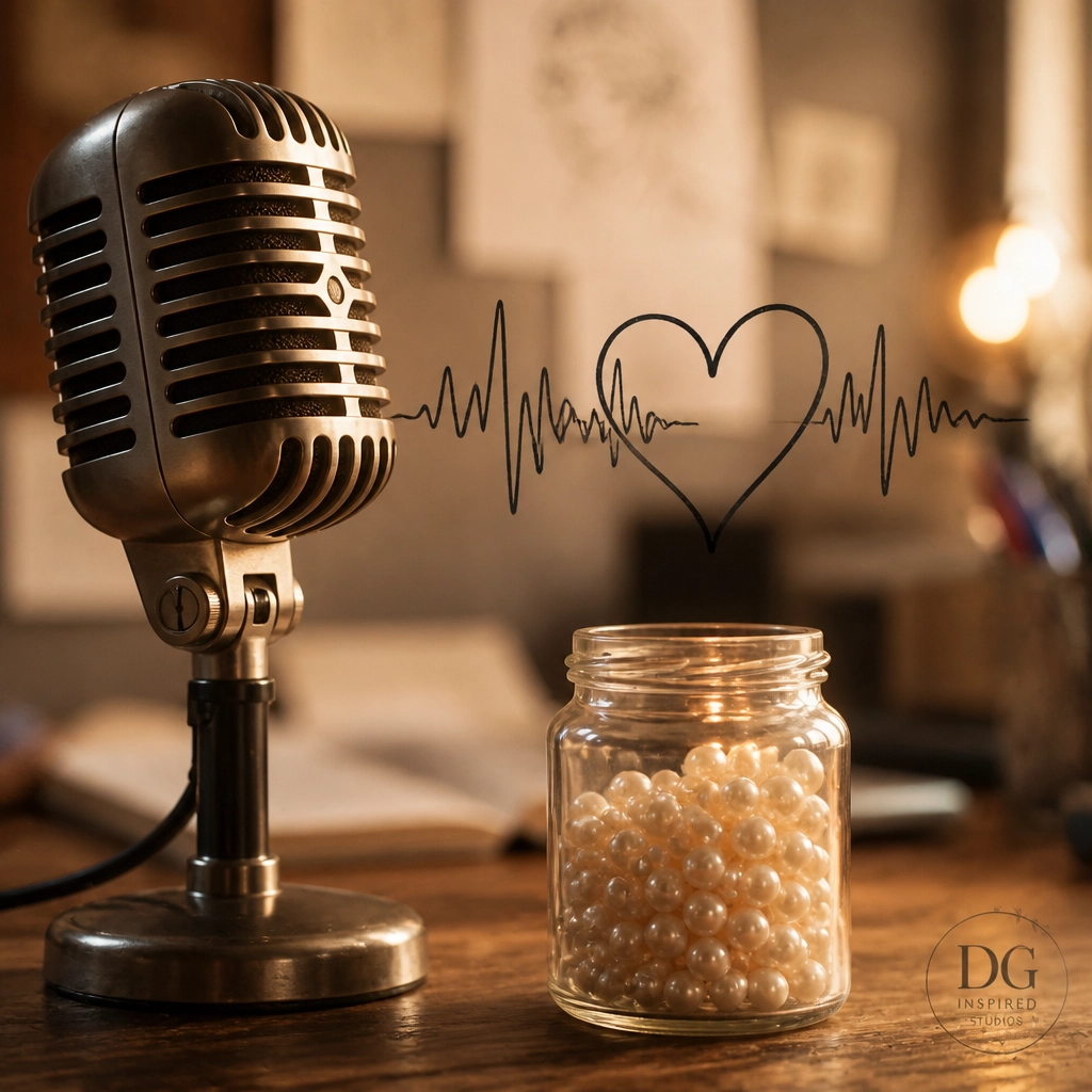 A studio microphone with pearls, representing the power of the spoken word to broadcast Kingdom truth and shift the atmosphere.
