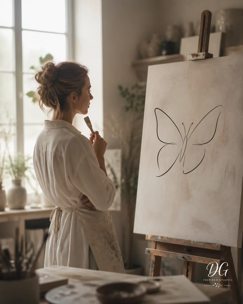 An artist in a sun-drenched studio, representing the moment a creative vision begins to take shape through the Language of Pearls.