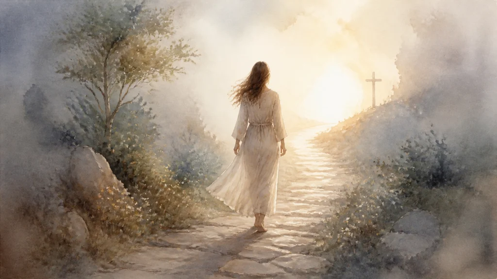 A soft watercolor path opening through the mist toward light, symbolizing a woman moving forward in faith through spiritual resistance.