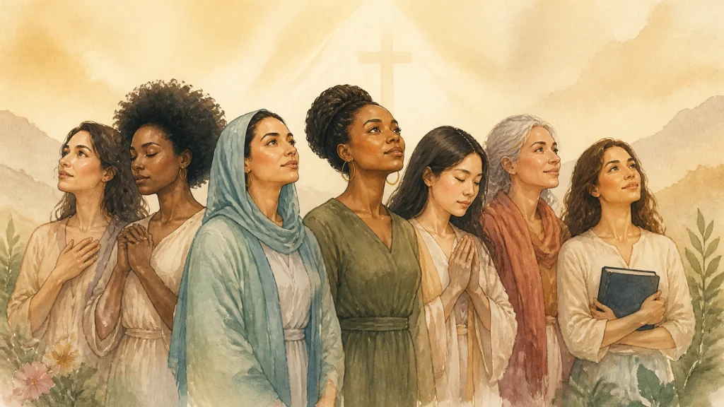 A soft watercolor illustration of Christian women visionaries standing together in prayer and strength, representing courage, purpose, and overcoming obstacles.
