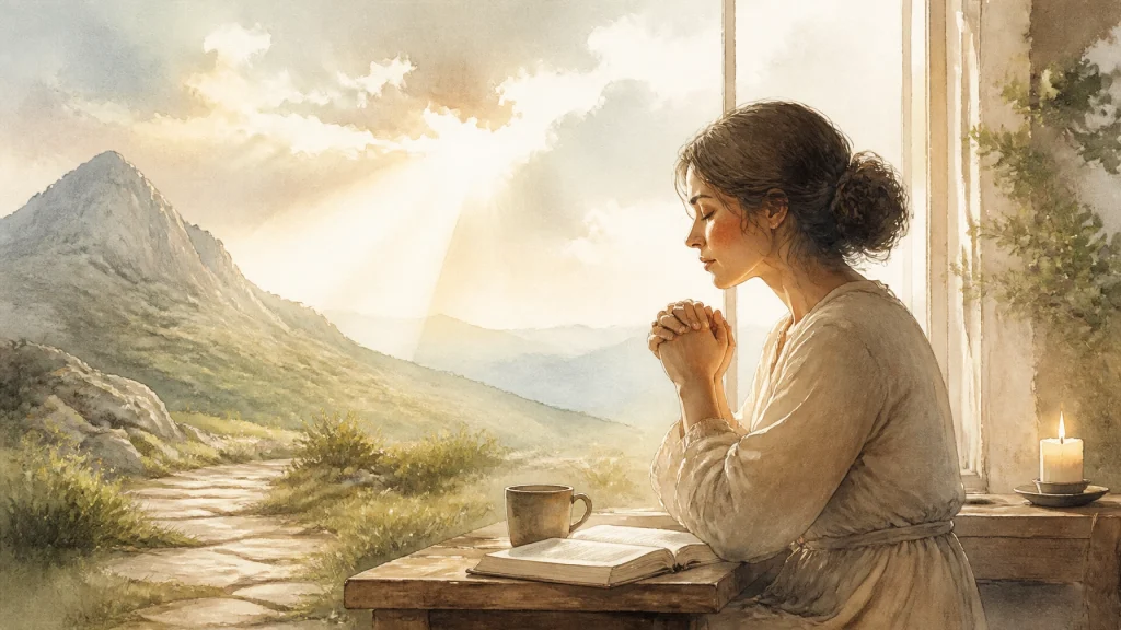A Christian woman visionary in prayer near a sunlit window, rendered in a soft watercolor style with light breaking through as a symbol of overcoming obstacles.