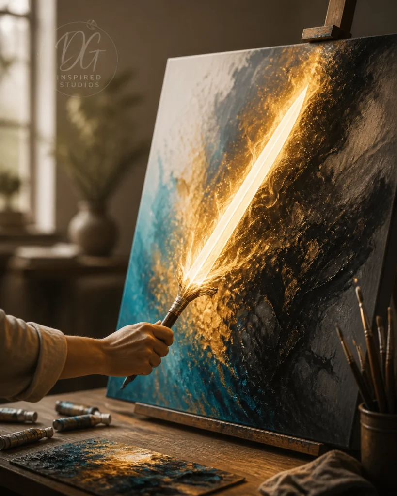 An artistic image of a paintbrush transforming into a sword, pushing back shadows with gold and teal light