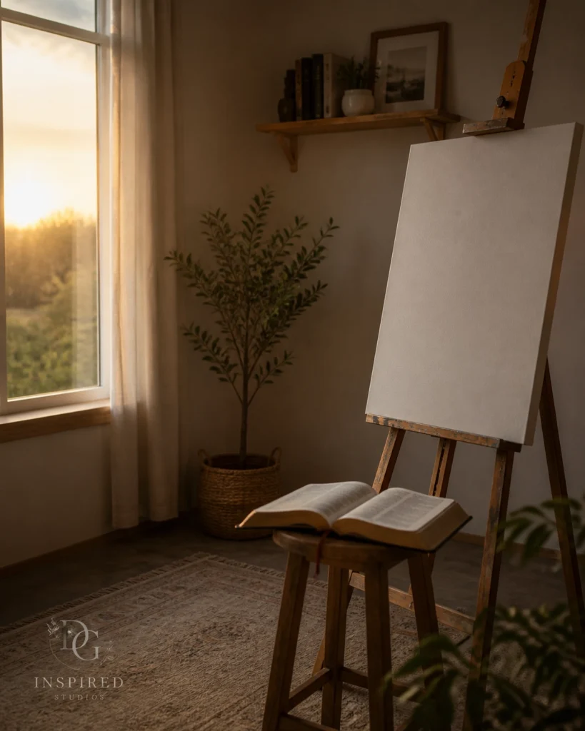 A serene creative studio with a blank canvas and an open Bible