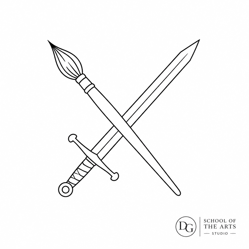 A minimalist line art drawing of a paintbrush and sword crossed elegantly