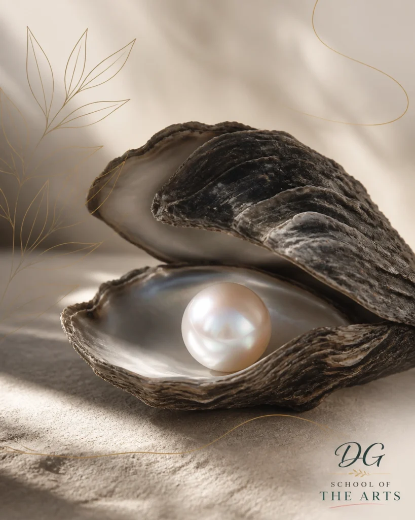 A radiant, iridescent pearl resting inside a rough, weathered oyster shell, symbolizing the beauty found through the refining process.