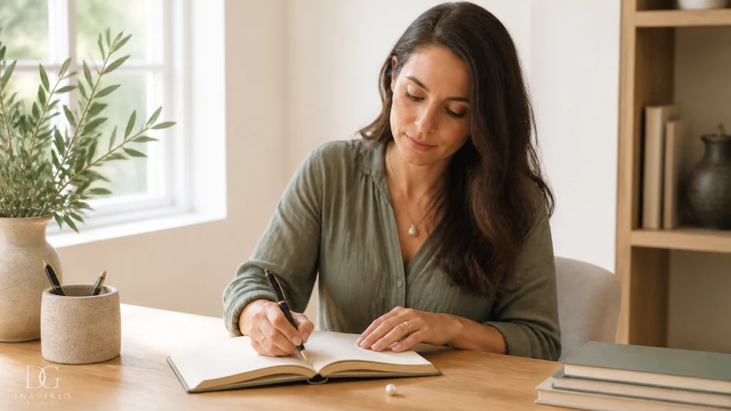 Mujer escribiendo con determinación y paz en un ambiente natural y minimalista