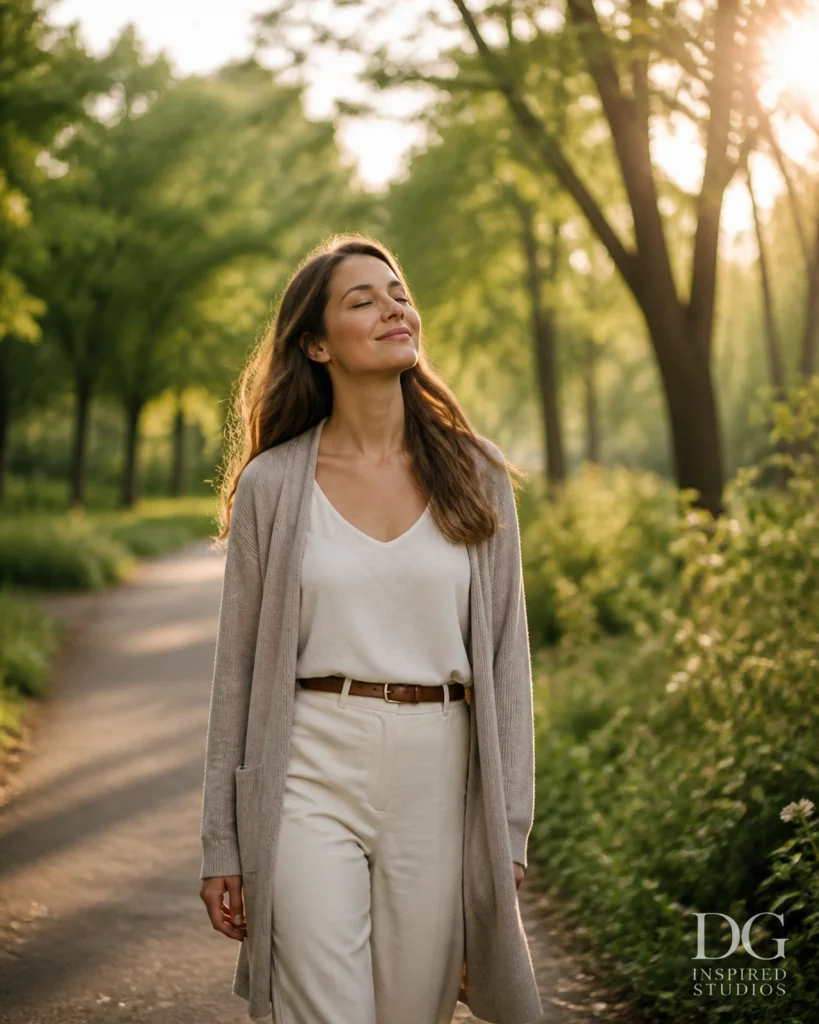 Mujer caminando pacíficamente por un parque natural