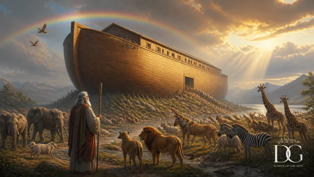Escena bíblica cinematográfica y pictórica del Arca de Noé con luz dorada y profundidad espiritual