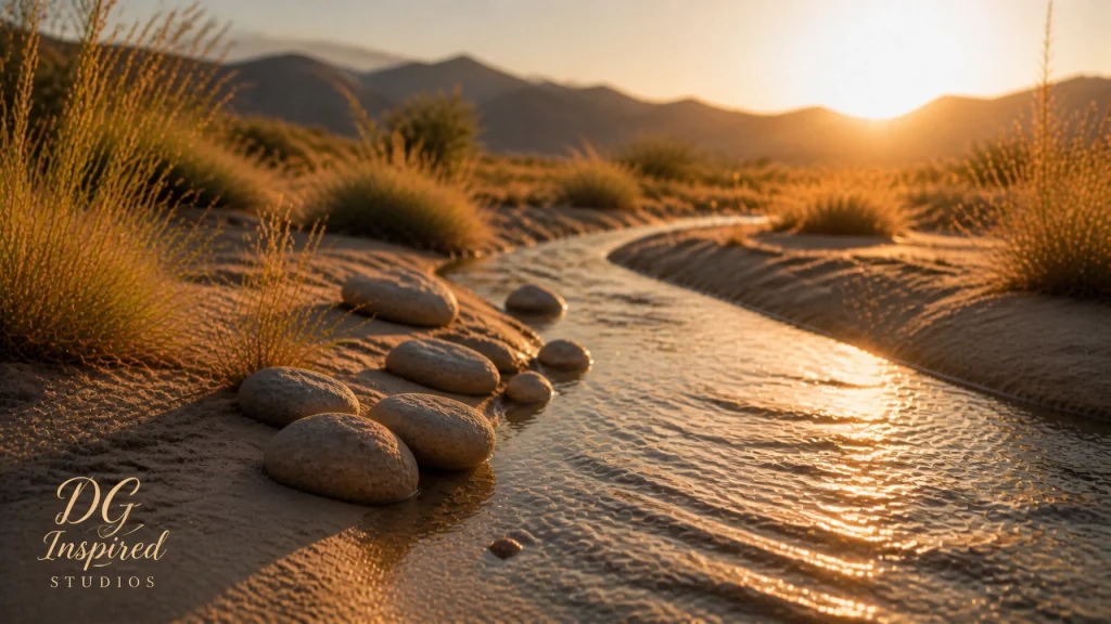 A peaceful desert landscape with a crystal-clear stream, rendered in a professional cinematic style with the official DG Inspired Studios script logo elegantly placed as a watermark, representing hope and renewal in dry seasons.