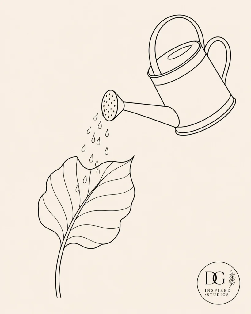 Minimalist line art of a watering can pouring water onto a leaf, symbolizing the nurturing of a dry spirit.