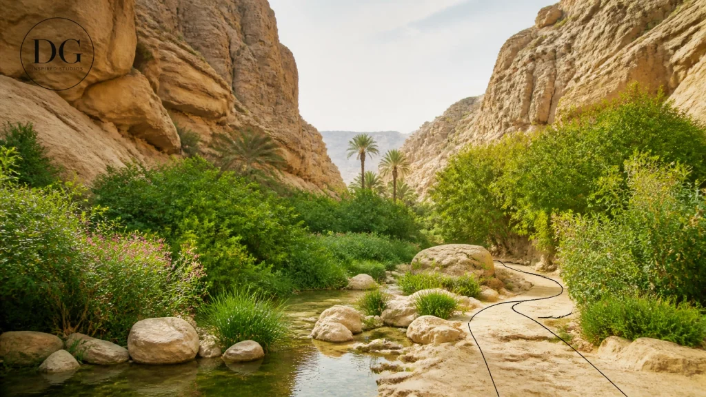 A lush oasis appearing in a desert canyon, symbolizing the transition from dryness to a new, fruitful season of creativity.