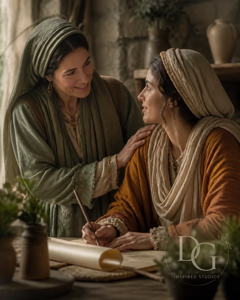 A cinematic shot of a leader encouraging another visionary, representing the 'Mother in Israel' heart of nurturing and empowering.