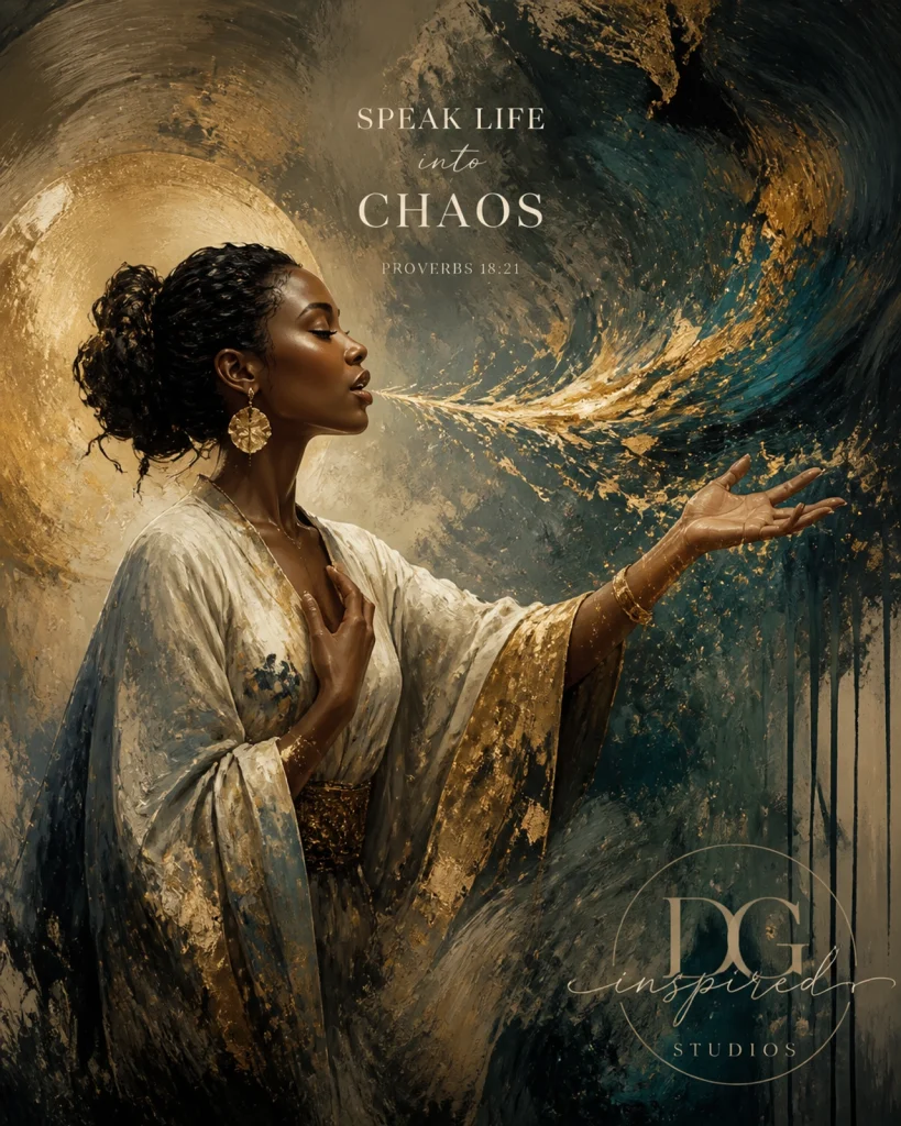 A woman speaking life into chaos, surrounded by golden and teal swirling colors representing a shifting spiritual atmosphere.