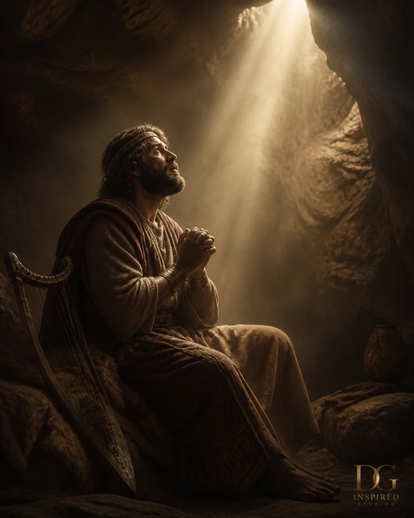 El Rey David en una cueva, iluminado por un rayo de luz celestial, estilo pictórico