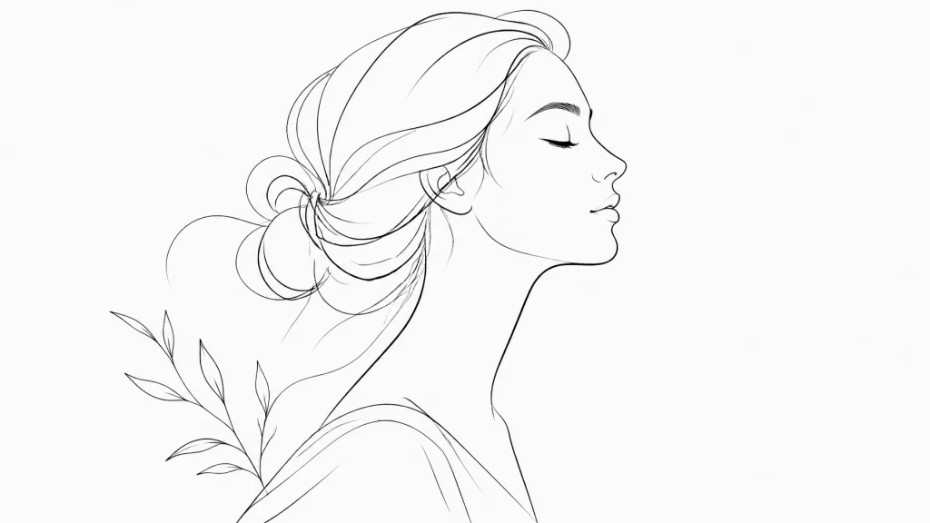 Minimalist line art of a serene woman's profile overlaid on a soft-focus photo of a sun-drenched studio.