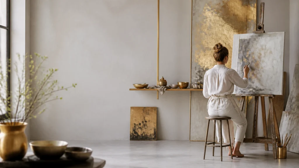 A high-end, minimalist artist's atelier with gold accents and soft natural lighting, featuring significant negative space on the left.