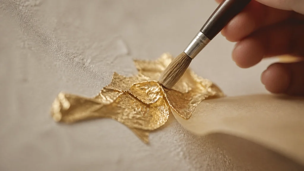 A macro photograph of gold leaf being delicately applied to a textured, neutral surface, symbolizing the refining process.