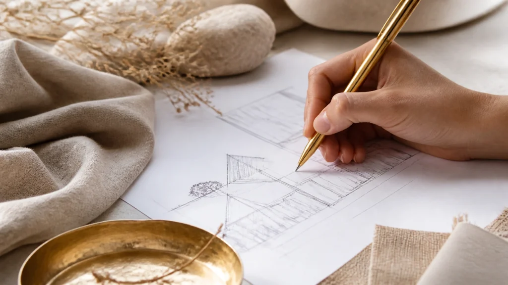 A close-up of a hand sketching an architectural blueprint with a gold pen, surrounded by fabrics and natural elements.