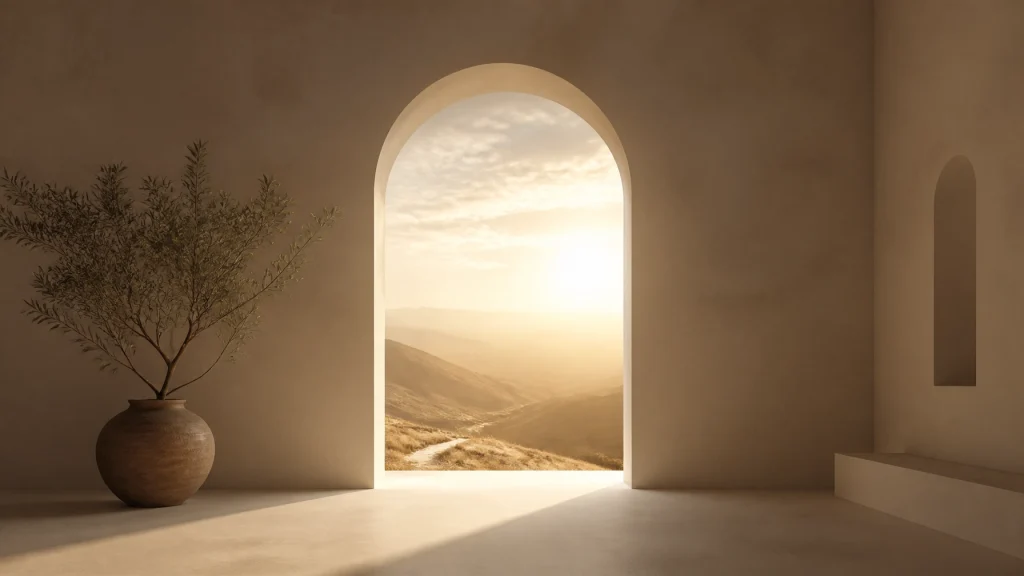 A minimalist archway leading from a neutral-toned room into a bright, golden-lit landscape, symbolizing a spiritual transition.