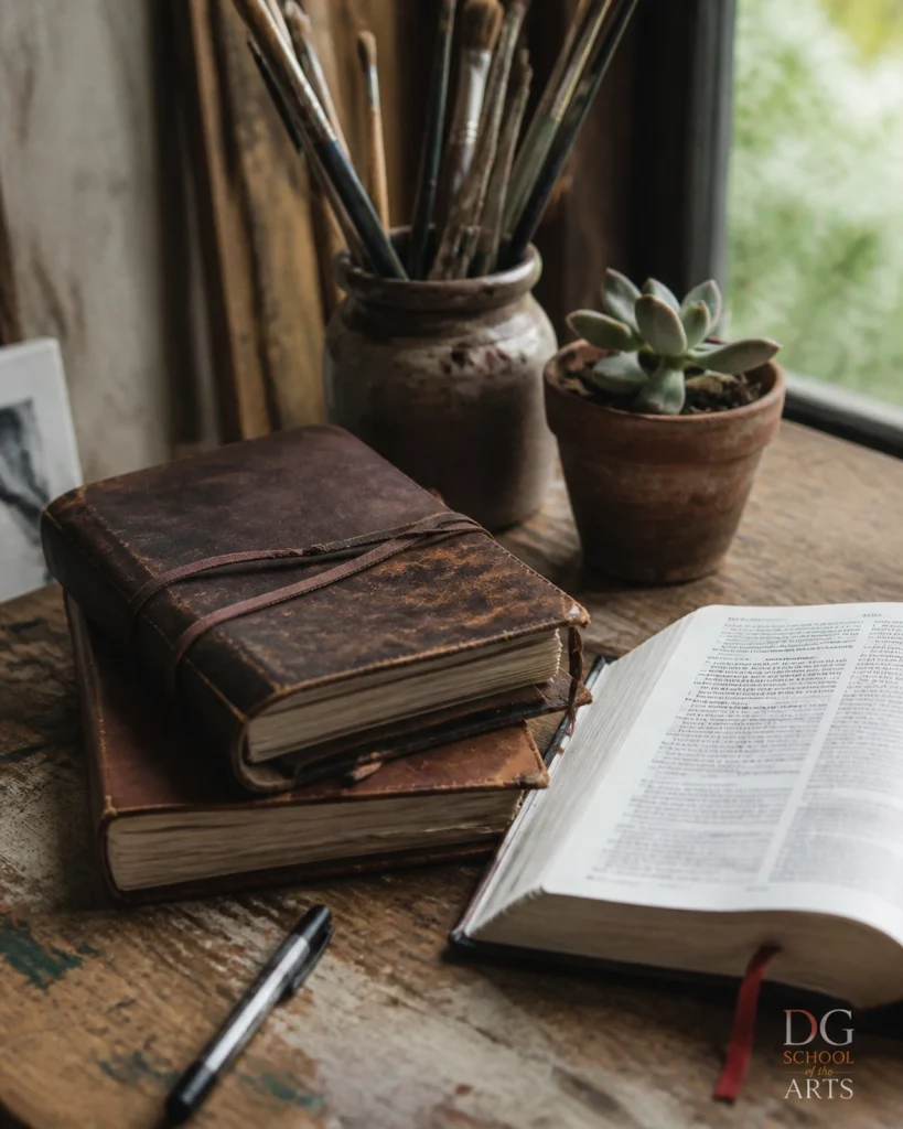 A creative workspace with journals and art tools, reflecting a life of prayer and work